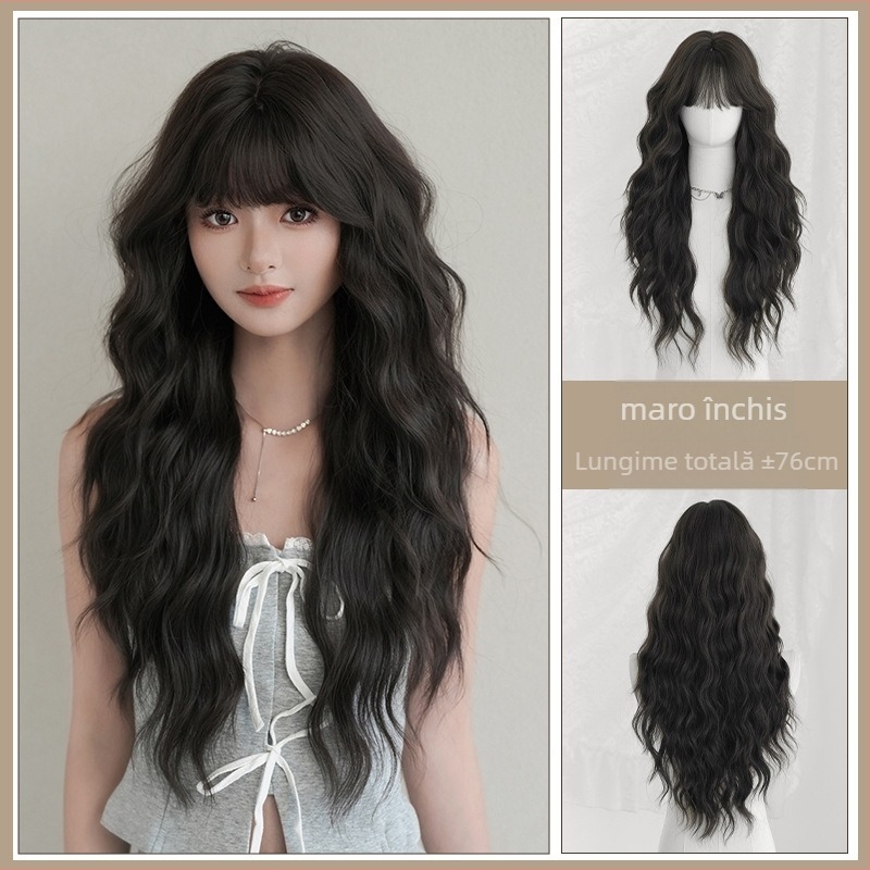 Perucă cu păr lung, bucle, breton, fibră sintetică rezistentă la temperaturi, construcție pe bază de mecanism, perucă pentru întregul cap, stil coreean