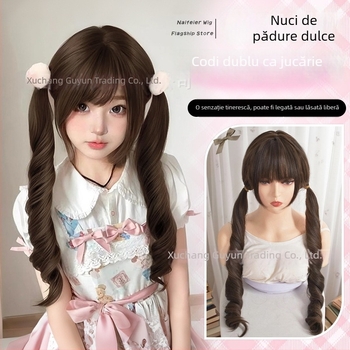 Perucă cu coadă dublă, păr lung buclat, stil coreean; fibre din mătase rezistente la temperaturi înalte; nu poate fi vopsită sau tratată prin permanent.