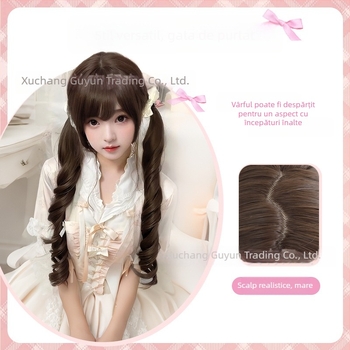 Perucă cu coadă dublă, păr lung buclat, stil coreean; fibre din mătase rezistente la temperaturi înalte; nu poate fi vopsită sau tratată prin permanent.