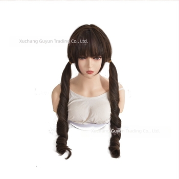 Perucă cu coadă dublă, păr lung buclat, stil coreean; fibre din mătase rezistente la temperaturi înalte; nu poate fi vopsită sau tratată prin permanent.