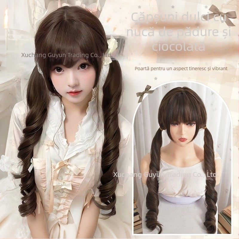 Perucă cu coadă dublă, păr lung buclat, stil coreean; fibre din mătase rezistente la temperaturi înalte; nu poate fi vopsită sau tratată prin permanent.