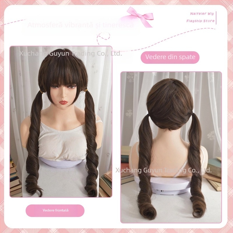 Perucă cu coadă dublă, păr lung buclat, stil coreean; fibre din mătase rezistente la temperaturi înalte; nu poate fi vopsită sau tratată prin permanent.