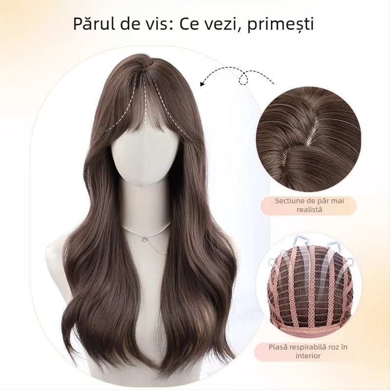 Perucă lungă, bucle mari, în stil coreean, cu breton drept, acoperire completă a capului, construcție cu sârmă proteică