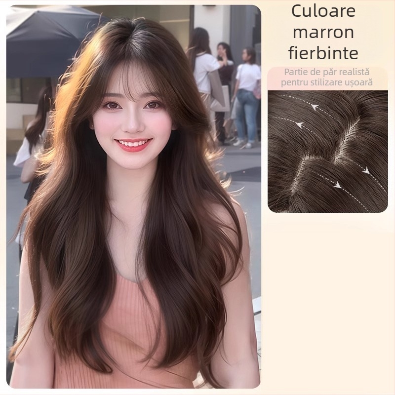 Perucă lungă, bucle mari, în stil coreean, cu breton drept, acoperire completă a capului, construcție cu sârmă proteică