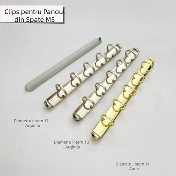 Portofel din fier cu finisaj nichelat; tip spate M5 binder; clips pentru placa de spate A6; clips pentru găuri A5