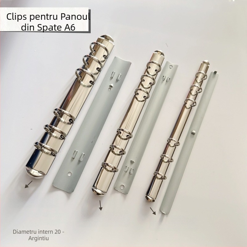 Portofel din fier cu finisaj nichelat; tip spate M5 binder; clips pentru placa de spate A6; clips pentru găuri A5