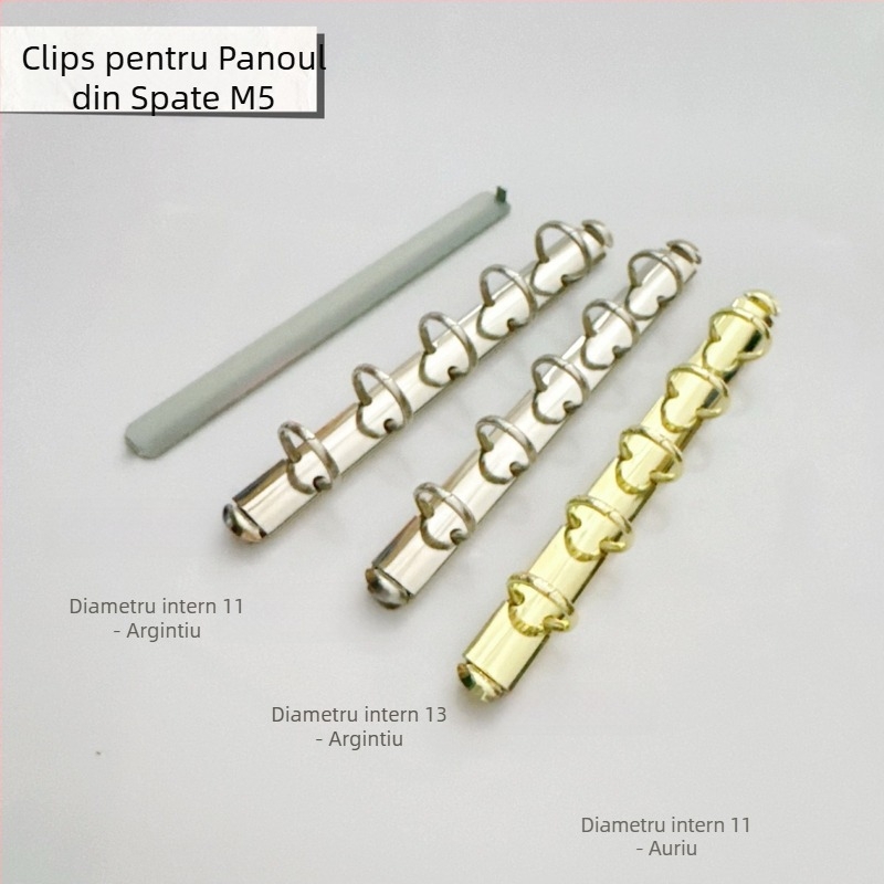 Portofel din fier cu finisaj nichelat; tip spate M5 binder; clips pentru placa de spate A6; clips pentru găuri A5