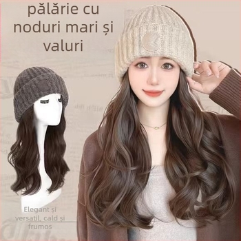 Perucă lungă cu bucle mari, fir rezistent la temperatură, beanie cu logo rotund, stil natural, pentru doamne