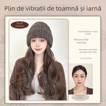Perucă lungă cu bucle mari, fir rezistent la temperatură, beanie cu logo rotund, stil natural, pentru doamne