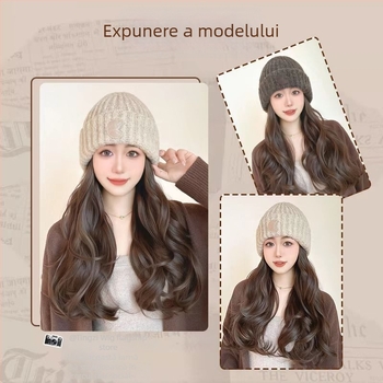 Perucă lungă cu bucle mari, fir rezistent la temperatură, beanie cu logo rotund, stil natural, pentru doamne