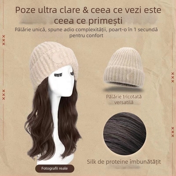Perucă lungă cu bucle mari, fir rezistent la temperatură, beanie cu logo rotund, stil natural, pentru doamne