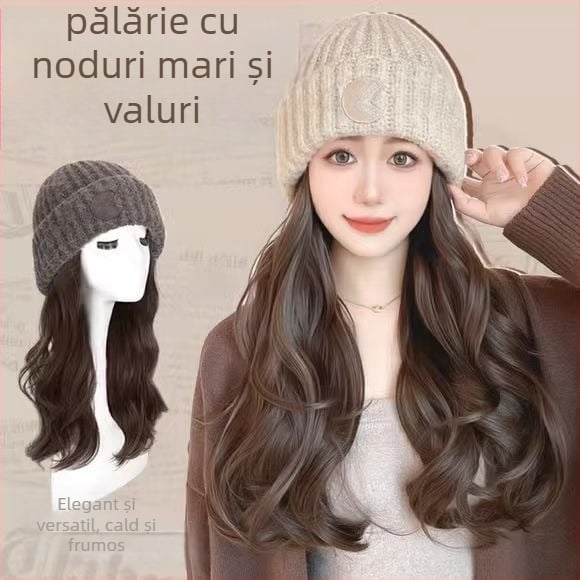 Perucă lungă cu bucle mari, fir rezistent la temperatură, beanie cu logo rotund, stil natural, pentru doamne