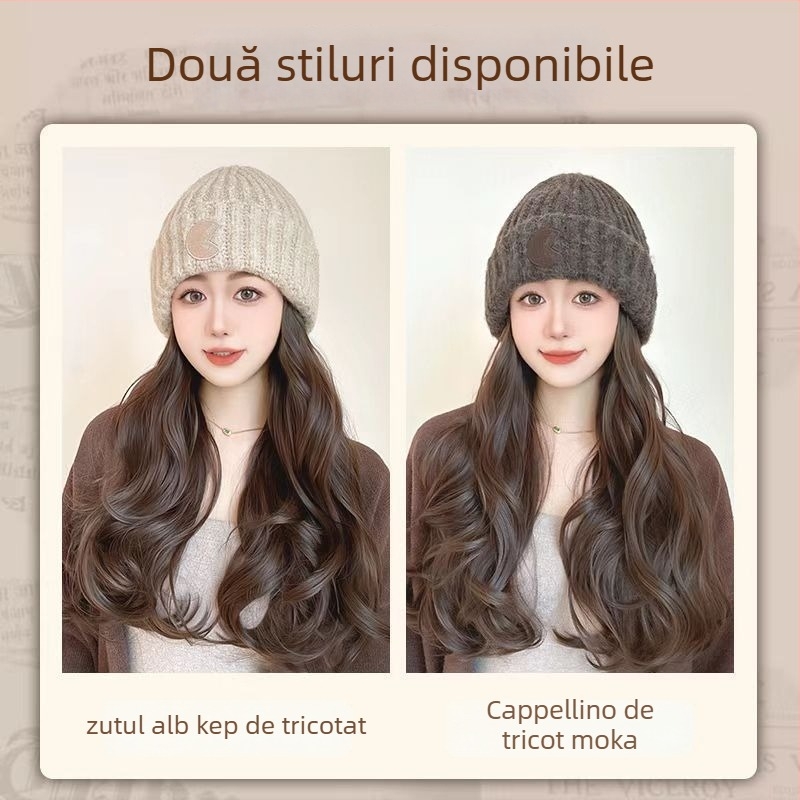 Perucă lungă cu bucle mari, fir rezistent la temperatură, beanie cu logo rotund, stil natural, pentru doamne