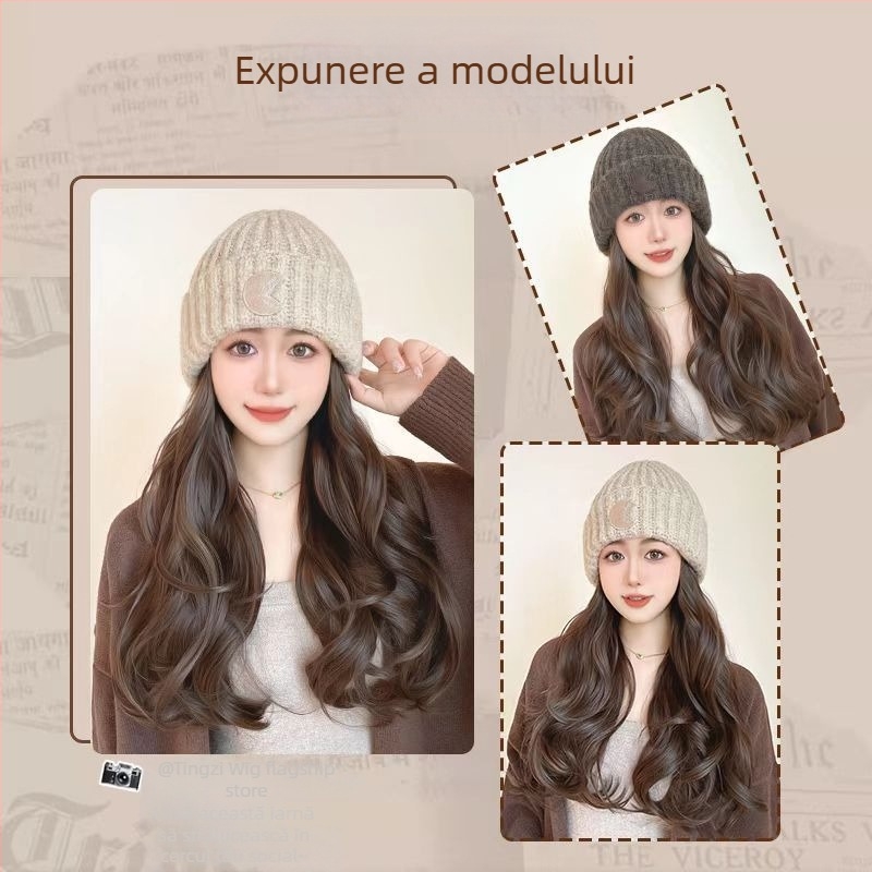 Perucă lungă cu bucle mari, fir rezistent la temperatură, beanie cu logo rotund, stil natural, pentru doamne