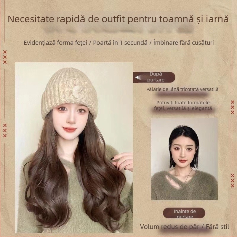 Perucă lungă cu bucle mari, fir rezistent la temperatură, beanie cu logo rotund, stil natural, pentru doamne