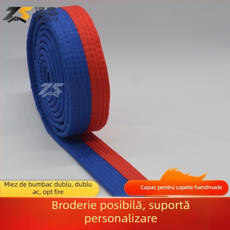 Bandă pentru karate și taekwondo cu broderie, material din amestec de bumbac, căptușeală din bumbac, lungime reglabilă, pentru antrenamente și examene în arte marțiale