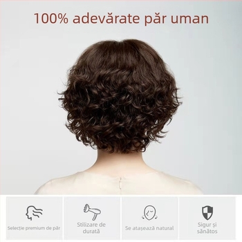Perucă pentru femei, păr scurt buclat în stil mamă, păr real uman, cap ușor respirabil, acoperă firele albe și adaugă volum