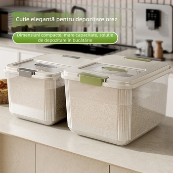 Cutie de depozitare pentru orez, sigilată, protecție împotriva umezelii și a insectelor, plastic PP alimentar, capacitate 9–10 L.