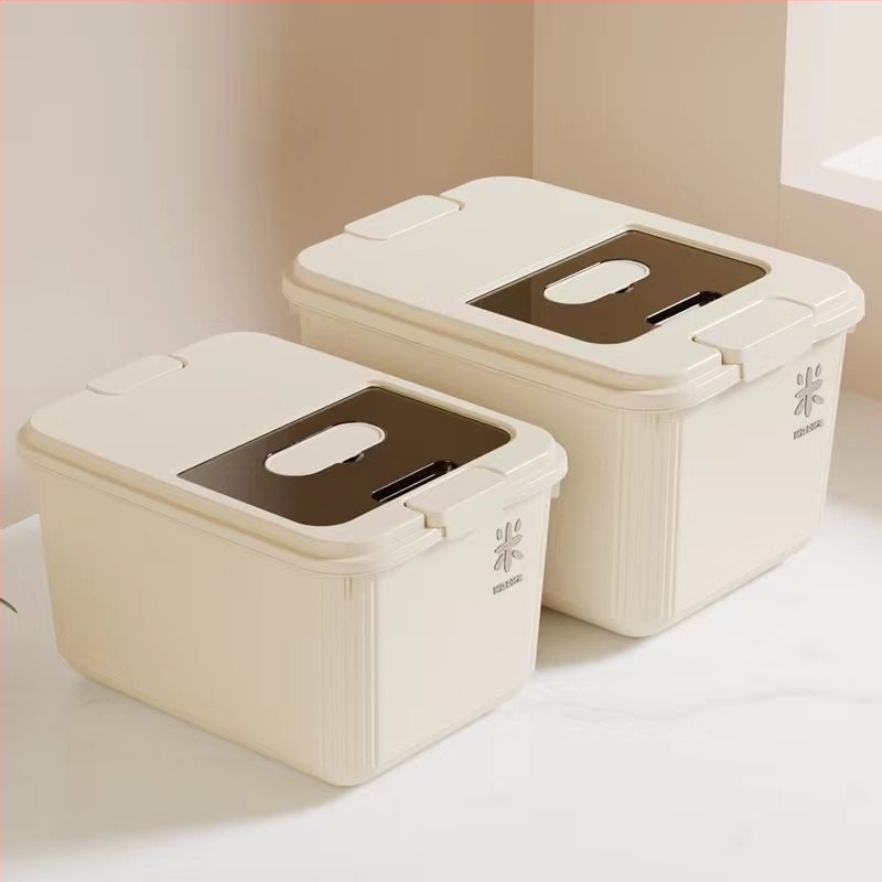 Cutie de depozitare pentru orez, sigilată, protecție împotriva umezelii și a insectelor, plastic PP alimentar, capacitate 9–10 L.