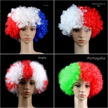 Perucă afro colorată, păr scurt buclat, temă Cupa Mondială Brazilia, modelul 120G