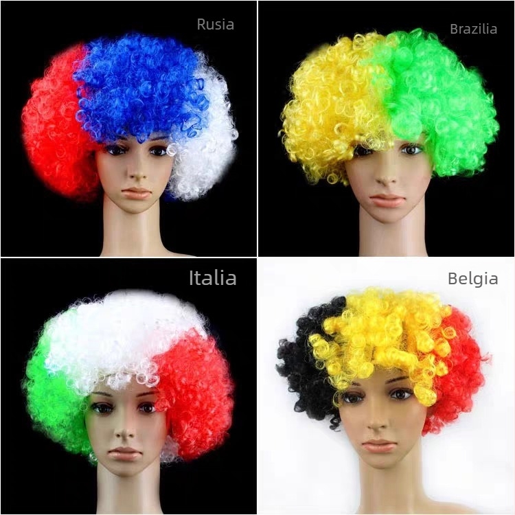 Perucă afro colorată, păr scurt buclat, temă Cupa Mondială Brazilia, modelul 120G