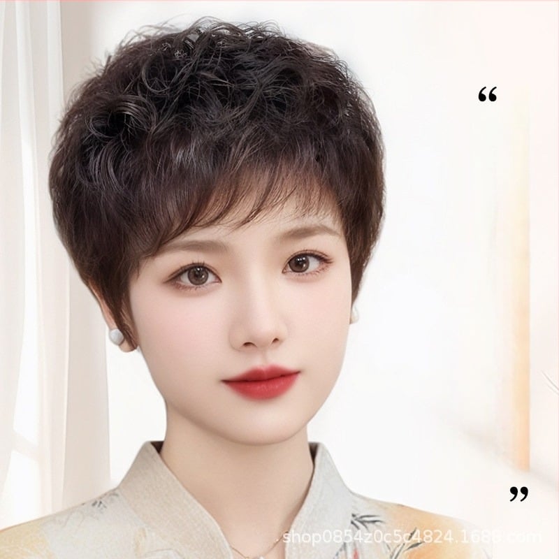 Perucă pentru femei, păr natural uman, scurt bucle, aspect natural, breton drept sau înclinat