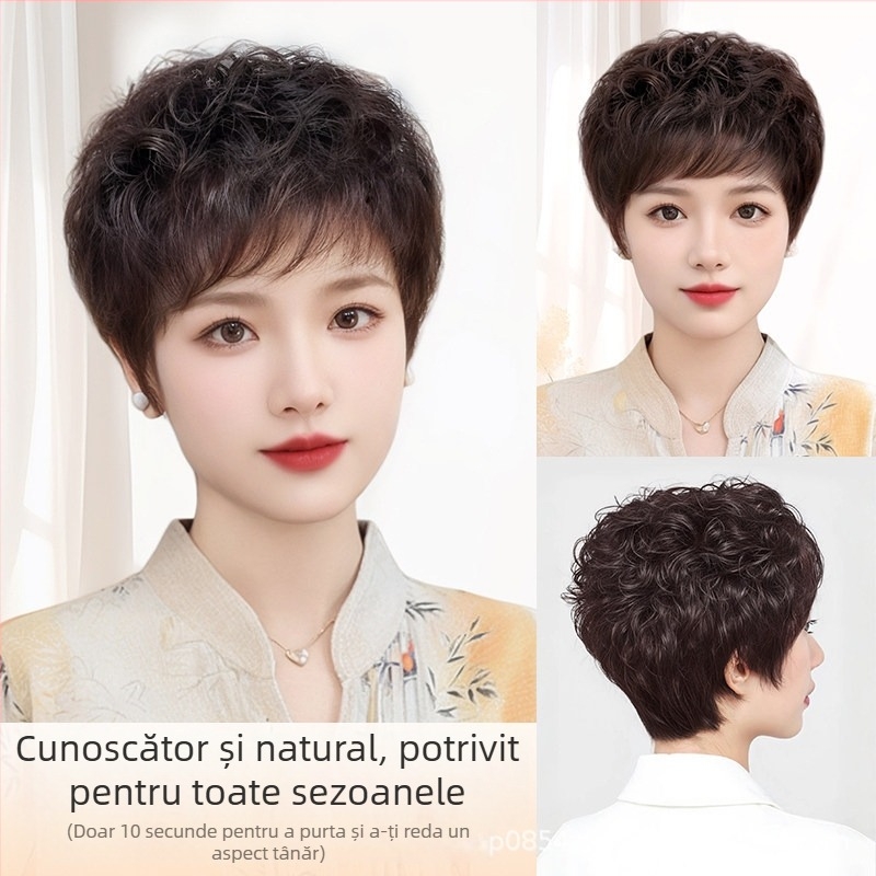 Perucă pentru femei, păr natural uman, scurt bucle, aspect natural, breton drept sau înclinat