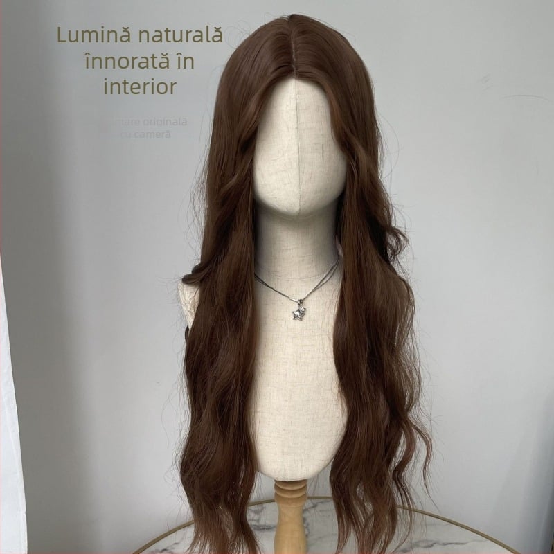 Perucă lungă buclată, bretonă în centru, fir mat Tanglong pentru temperaturi înalte, model Y-1601, stil coreean