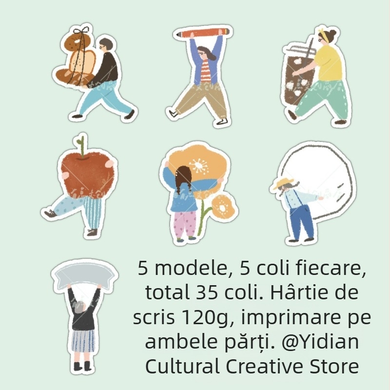 Note lipicioase desenate în stil cartoon, cu forme neregulate și personaje mici care țin obiecte, în formă de copac și pătrate pentru jurnal