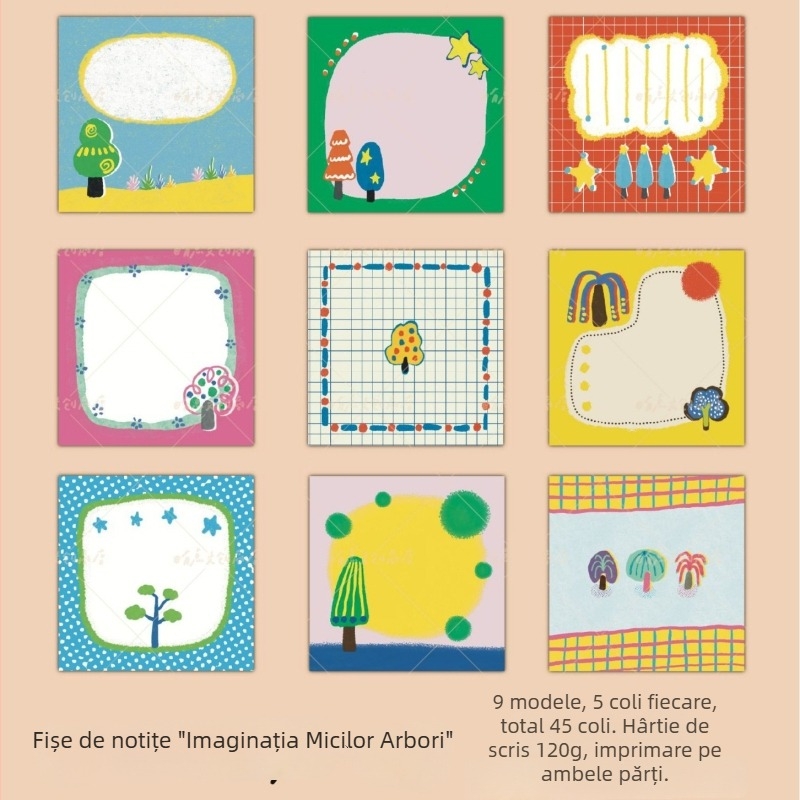 Note lipicioase desenate în stil cartoon, cu forme neregulate și personaje mici care țin obiecte, în formă de copac și pătrate pentru jurnal