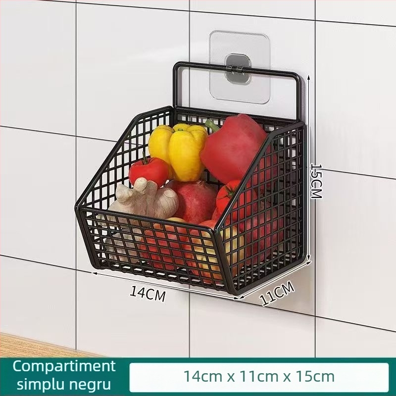 Raft de bucătărie montat pe perete pentru ceapă, ghimbir și usturoi — oțel carbon, fără găuri, multifuncțional, suport de perete cu coș de scurgere, stil Nordic