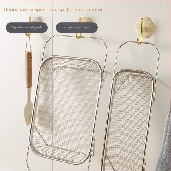 Coș de drenaj pentru chiuvetă din oțel inoxidabil, suport telescopic pentru drenaj și depozitare vase și tacâmuri, personalizabil, parte din seria coșurilor de drenaj