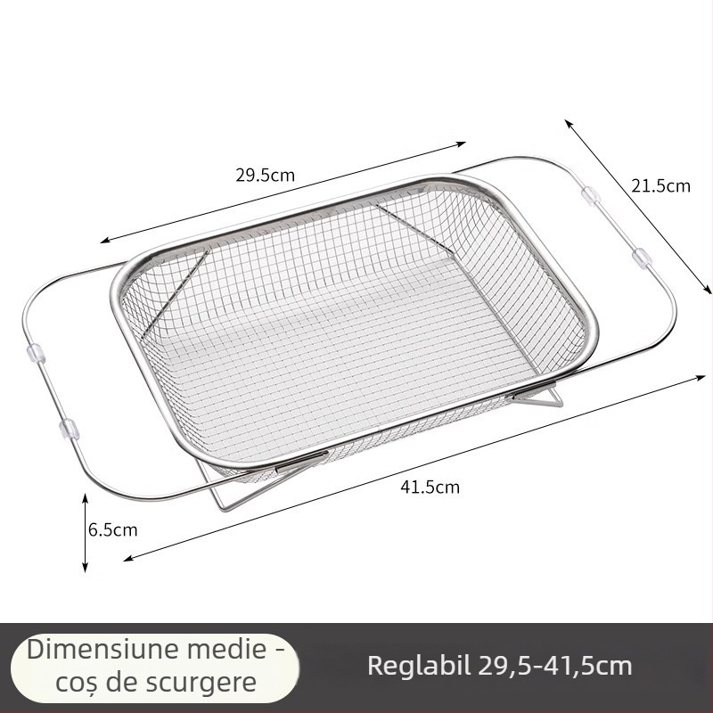 Coș de drenaj pentru chiuvetă din oțel inoxidabil, suport telescopic pentru drenaj și depozitare vase și tacâmuri, personalizabil, parte din seria coșurilor de drenaj