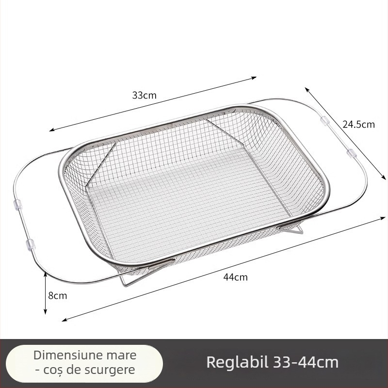 Coș de drenaj pentru chiuvetă din oțel inoxidabil, suport telescopic pentru drenaj și depozitare vase și tacâmuri, personalizabil, parte din seria coșurilor de drenaj