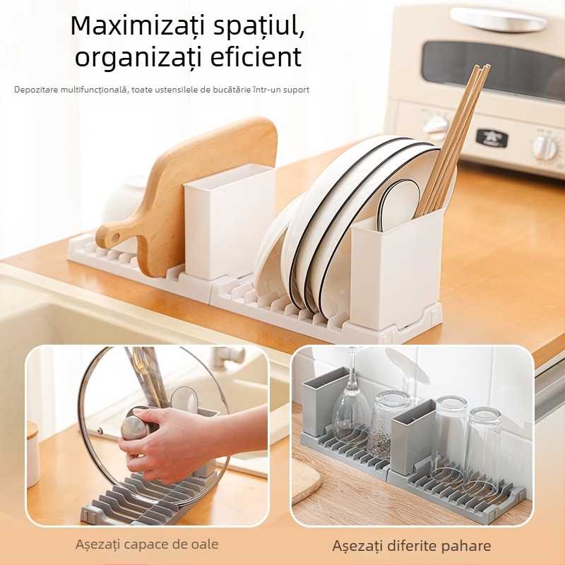 Raft pliabil pentru vase – uscător de vase, pe blat, multifuncțional, capacitate mare, compartiment pentru bețișoare