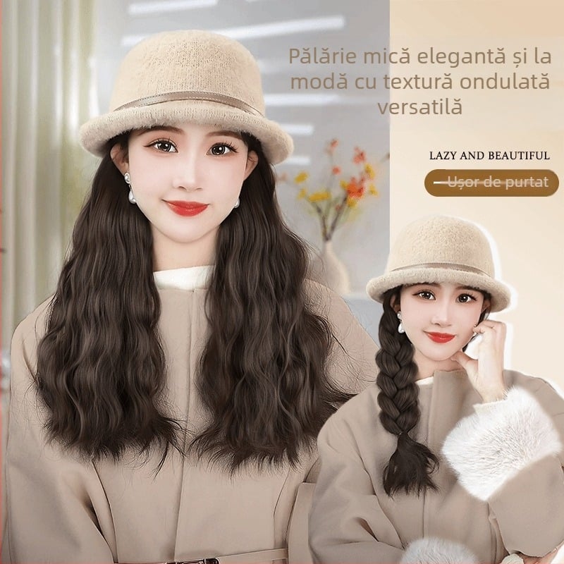 Perucă cu pălărie bucket, păr lung buclat, sârmă rezistentă la temperaturi înalte, aspect natural, fabricat în Zhejiang