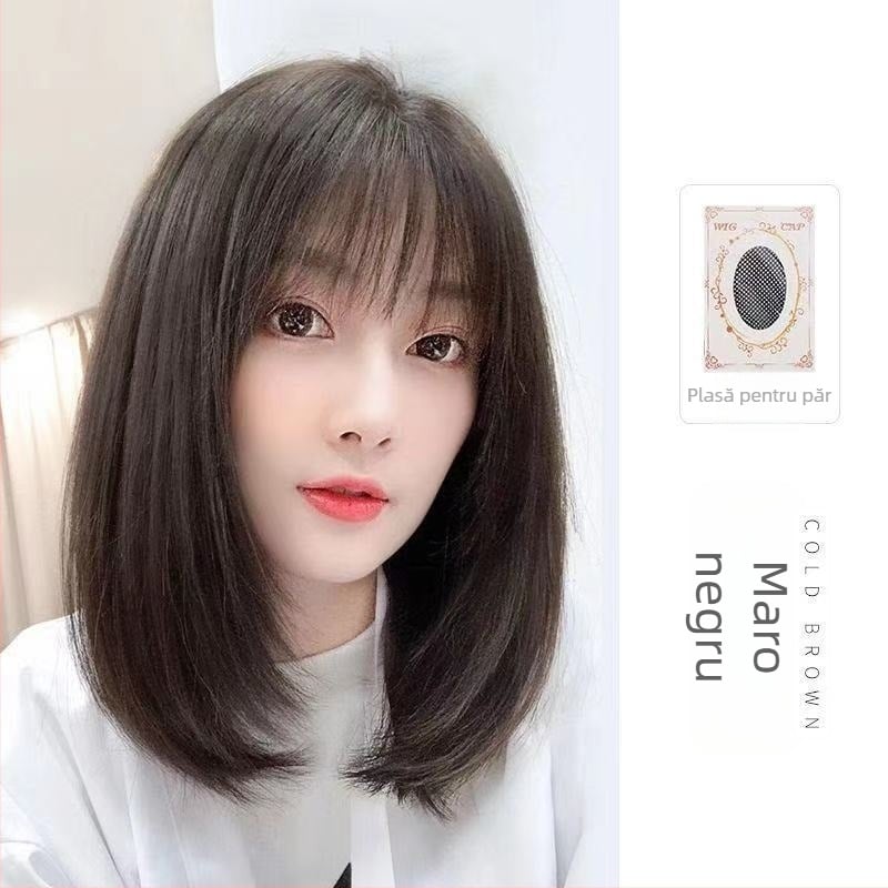 Perucă pentru femei – stil modern cu efect tineresc pentru față rotundă, până la umeri, păr drept scurt, breton aerian, textură în straturi, din fibră mată