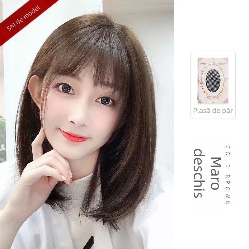 Perucă pentru femei – stil modern cu efect tineresc pentru față rotundă, până la umeri, păr drept scurt, breton aerian, textură în straturi, din fibră mată