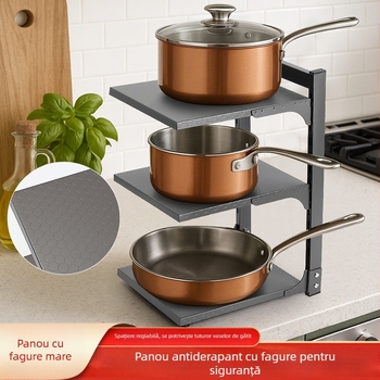 Raft de depozitare pliabil pentru blat de bucătărie cu spații pentru capace și boluri – multipurpose, portabil, fără montaj, oțel carbon