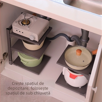 Raft de depozitare pliabil pentru blat de bucătărie cu spații pentru capace și boluri – multipurpose, portabil, fără montaj, oțel carbon