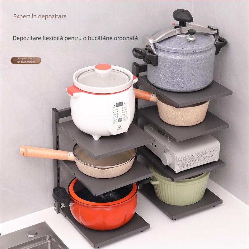 Raft de depozitare pliabil pentru blat de bucătărie cu spații pentru capace și boluri – multipurpose, portabil, fără montaj, oțel carbon