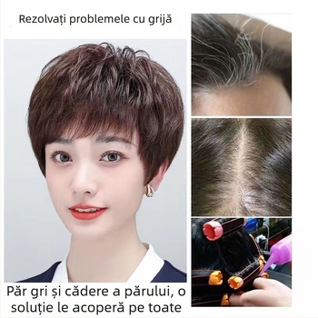 Piesă de păr pentru vârful capului, aspect natural, păr real uman, perucă scurtă buclată, acoperă părul gri