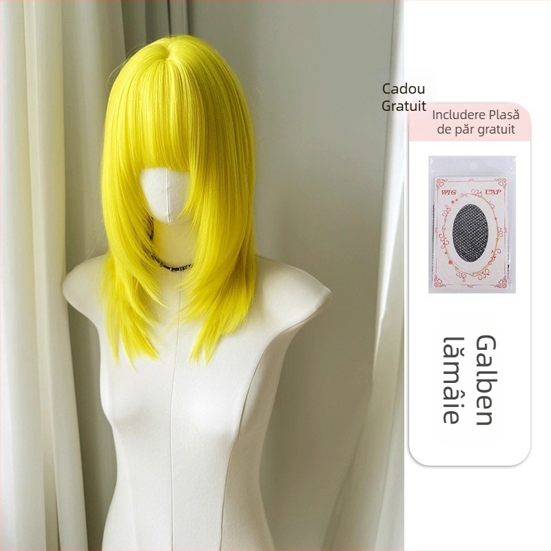 Perucă cosplay cu păr lung drept, fibre de mătase rezistente la temperatură, breton drept, poate fi vopsită sau periată, procesare mecanizată