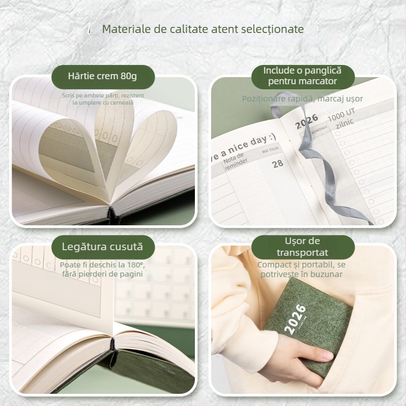 Blocnotes Four Seasons: planificator de buzunar portabil pentru 2026, stil minimalist, hârtie Dowling, 65 g, 100–200 de pagini, legare cu șnur și adeziv