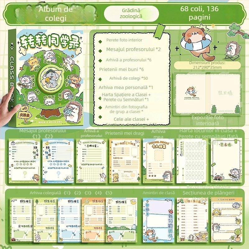 Agenda de colegi cu animale desenate — hârtie originală din pulpă, legare cu foi detașabile, imprimare logo disponibilă, cadou potrivit