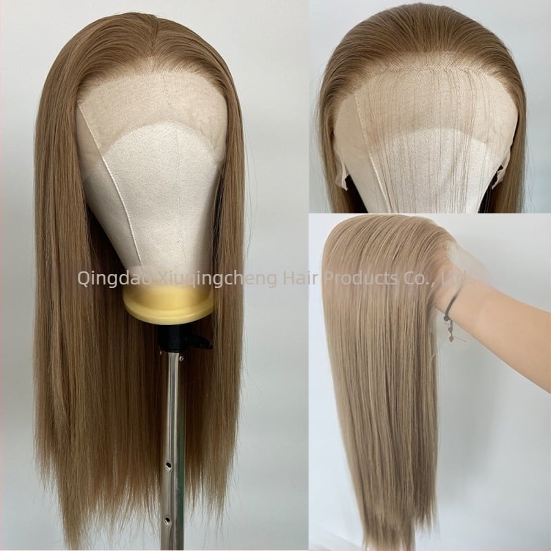 Perucă cu dantelă frontală 13x4, păr lung drept, fibre rezistente la temperatură, model Xqc-613