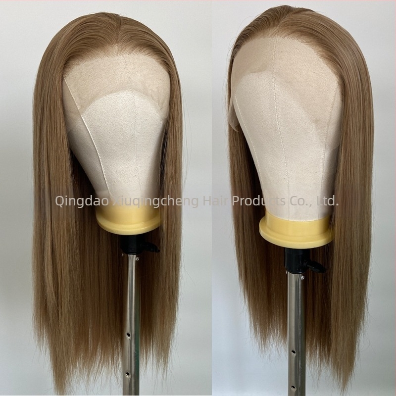 Perucă cu dantelă frontală 13x4, păr lung drept, fibre rezistente la temperatură, model Xqc-613