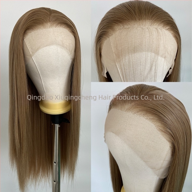 Perucă cu dantelă frontală 13x4, păr lung drept, fibre rezistente la temperatură, model Xqc-613