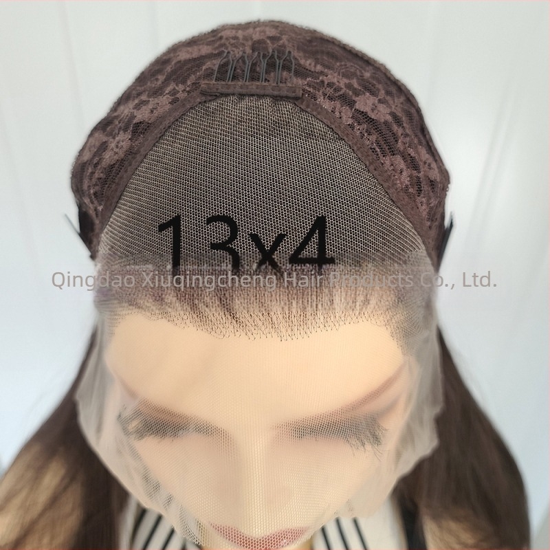 Perucă cu dantelă frontală 13x4, păr lung drept, fibre rezistente la temperatură, model Xqc-613