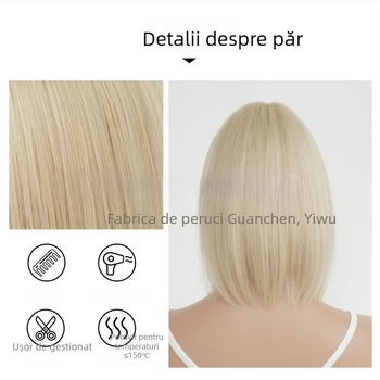 Perucă pentru femei, stil european/american, respirabilă, breton Qi, fibre rezistente la temperatură (poate fi vopsită; poate fi îndreptată)